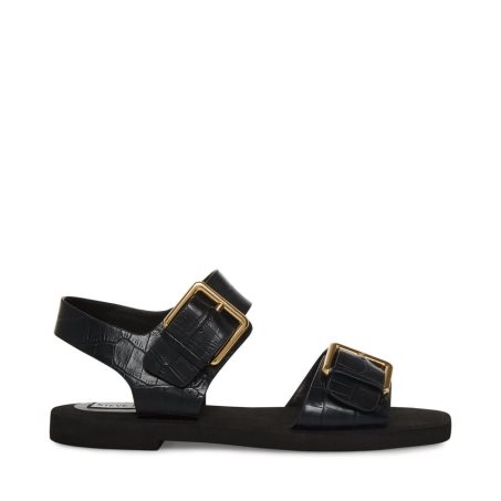 Black Steve Madden Santo Crocodile Women's Flat Sandals | LYEZD9384