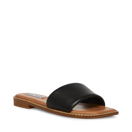 Black Steve Madden ra Leather Women's Slides | 12LRWX4378