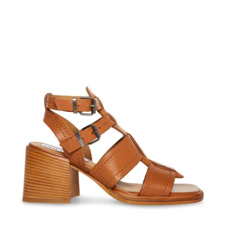 Brown Steve Madden Angelene Leather Women's Heels Sandals | 12HPUC7094