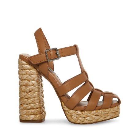 Brown Steve Madden Gallery Leather Women's Heels Sandals | RHDWX4957