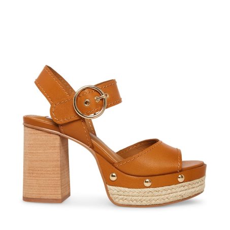 Brown Steve Madden Kamille Leather Women's Heels Sandals | PGMCD2917