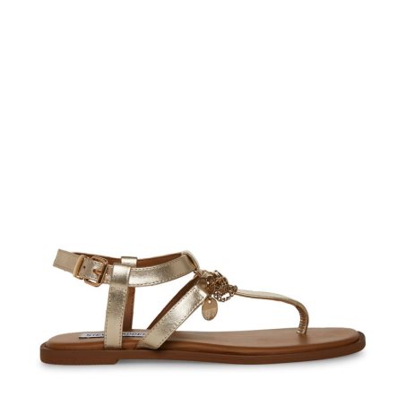 Gold Steve Madden Azalia Leather Women's Flat Sandals | FVBJP9370