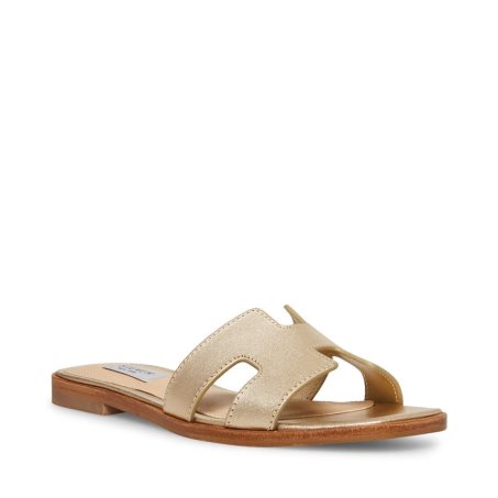 Gold Steve Madden Hadyn Leather Women's Slides | OWGMU9045